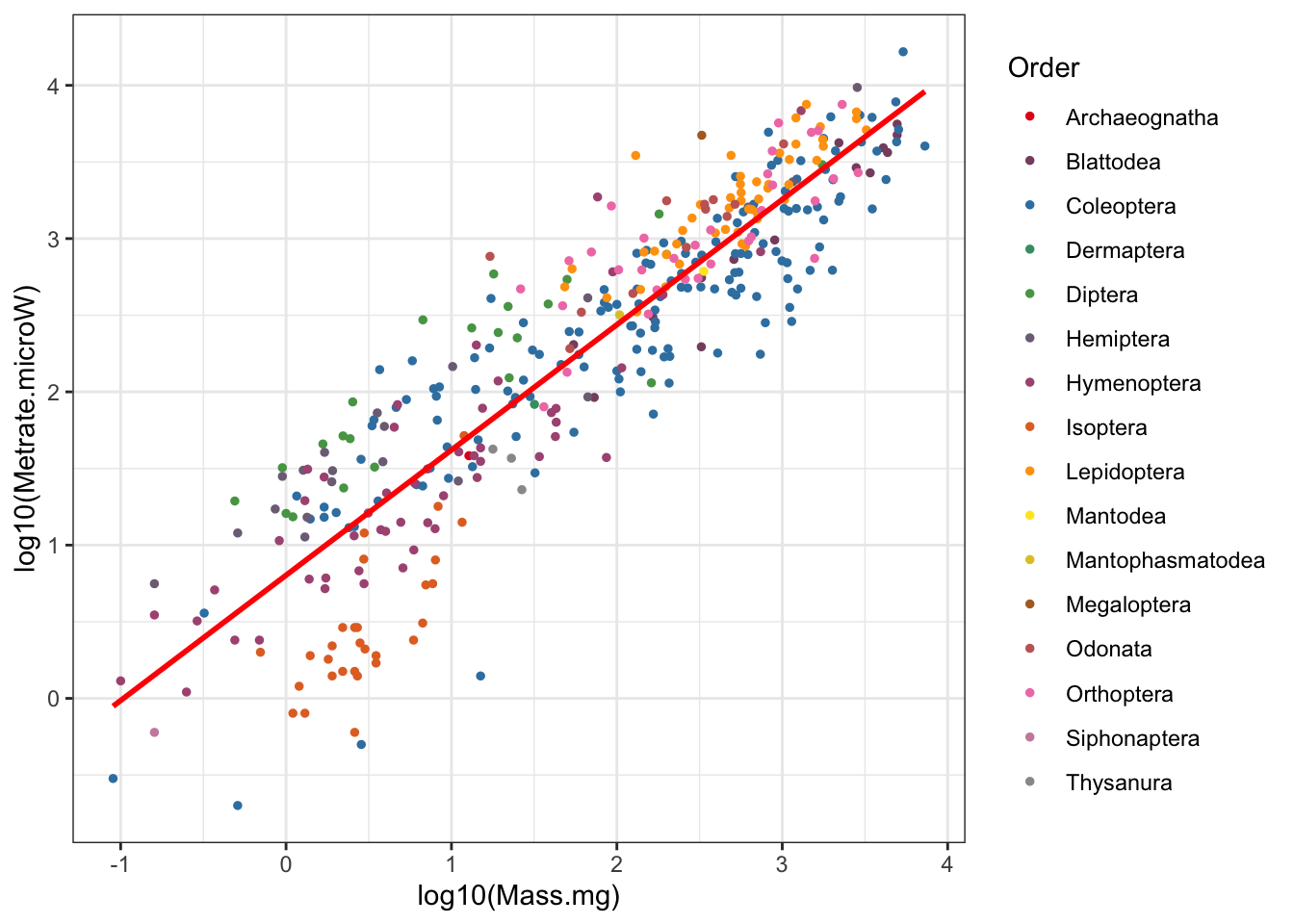 Insect metabolic allometry color coded by Order