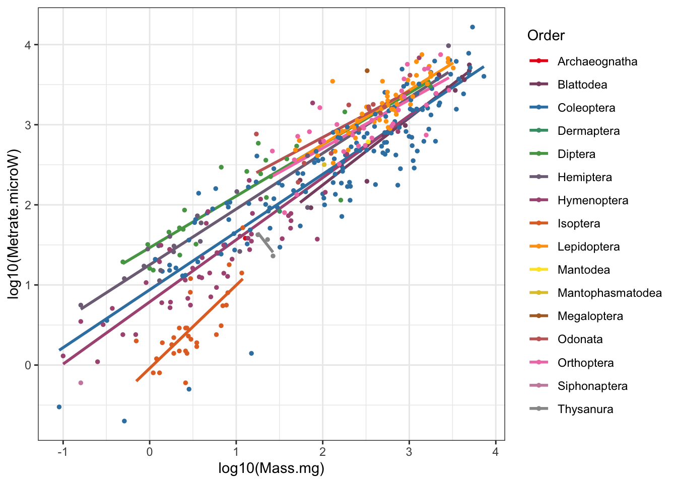 Insect metabolic allometry with regressions by Order